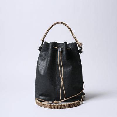 <SENTI FLATTER THE SENSES> Super Lightweight Dyneema Leather Drawstring 2 Way Bag / Black